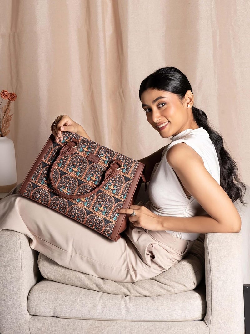 ZOUK Printed Jute Handcrafted Vegan Leather Multicolor Women's Satchel Bag | Ladies Purse Handbag | Double Handle Detachable Strap - Image 2