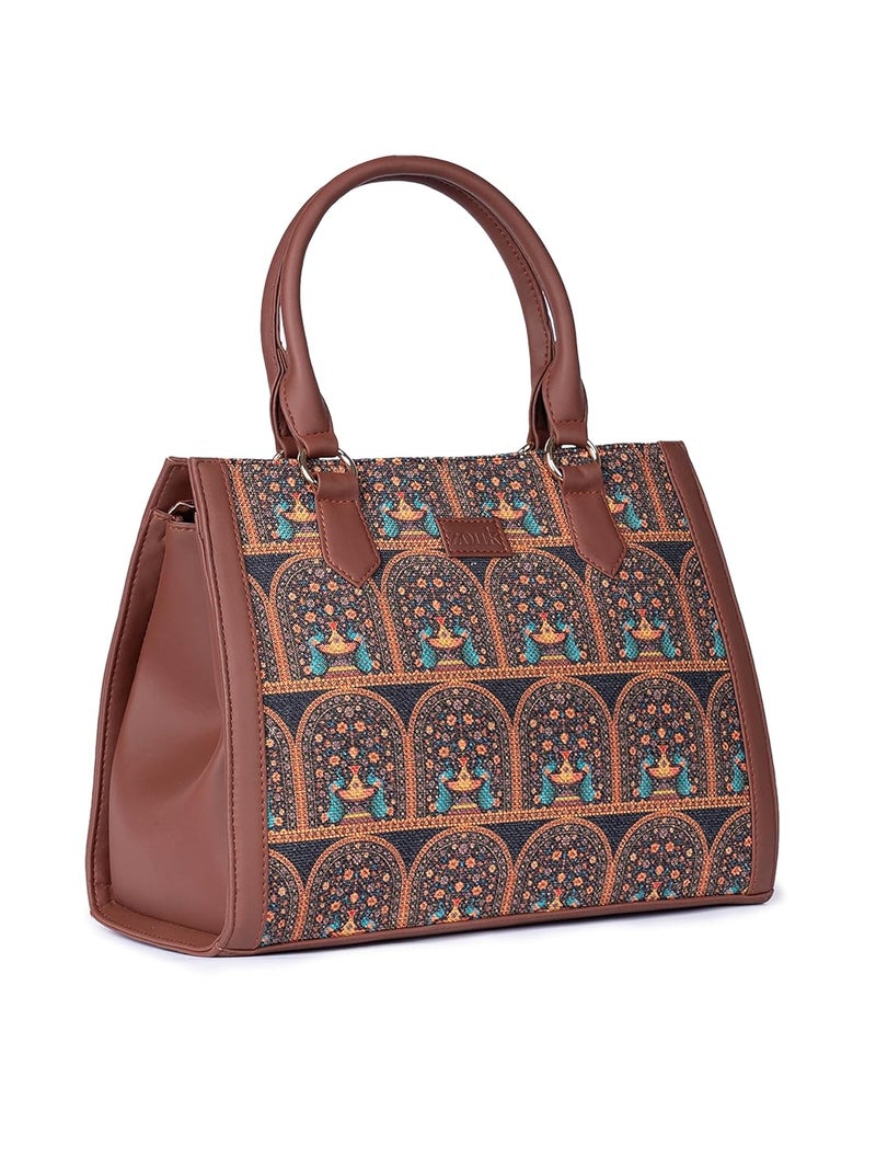 ZOUK Printed Jute Handcrafted Vegan Leather Multicolor Women's Satchel Bag | Ladies Purse Handbag | Double Handle Detachable Strap - Image 3