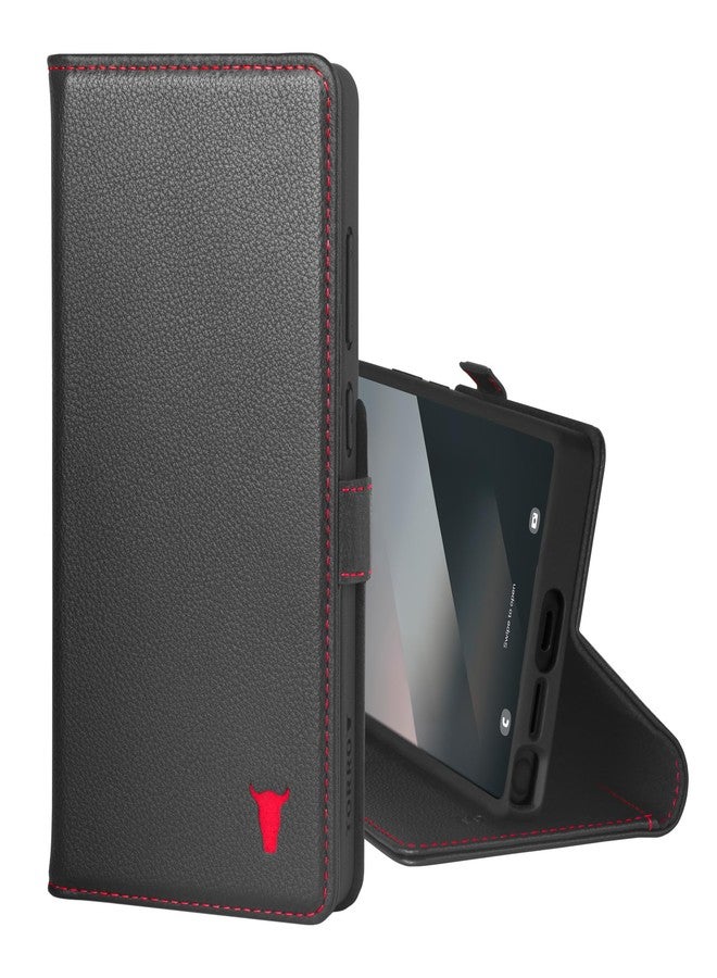 TORRO Leather Case Compatible with Samsung Galaxy S25 Ultra 5G 2025 - Premium Leather Wallet Case with Kickstand Card Slots (Black with Red Details) - Image 1