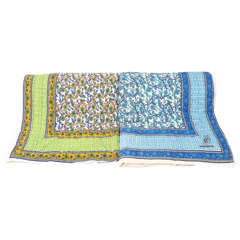 CHHAARODIYA Jaipuri Rajasthani Traditional Pure Cotton Single Bed Soft Jaipuri Ac/Winter Quilt/Razai Floral Blue&Green Print (55 X 85 Inch Stitch Including,Set Of 2,Reversible,Lightweight),300 TC - Image 3