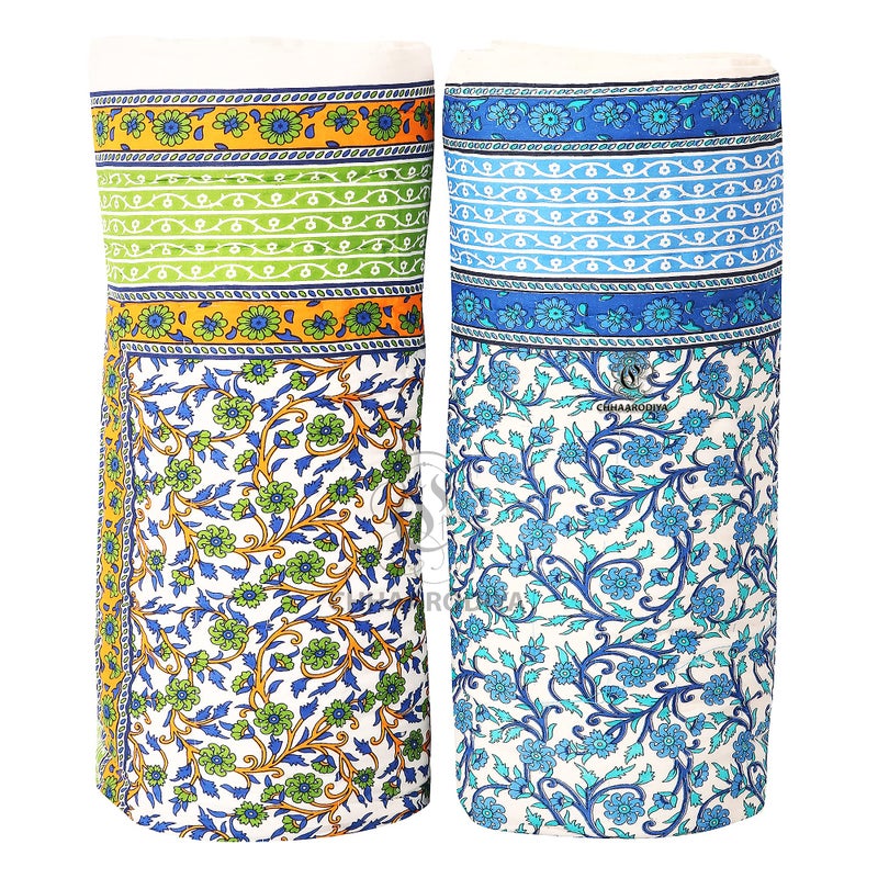 CHHAARODIYA Jaipuri Rajasthani Traditional Pure Cotton Single Bed Soft Jaipuri Ac/Winter Quilt/Razai Floral Blue&Green Print (55 X 85 Inch Stitch Including,Set Of 2,Reversible,Lightweight),300 TC - Image 1
