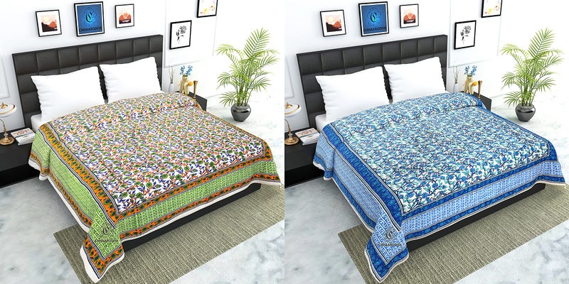 CHHAARODIYA Jaipuri Rajasthani Traditional Pure Cotton Single Bed Soft Jaipuri Ac/Winter Quilt/Razai Floral Blue&Green Print (55 X 85 Inch Stitch Including,Set Of 2,Reversible,Lightweight),300 TC - Image 4