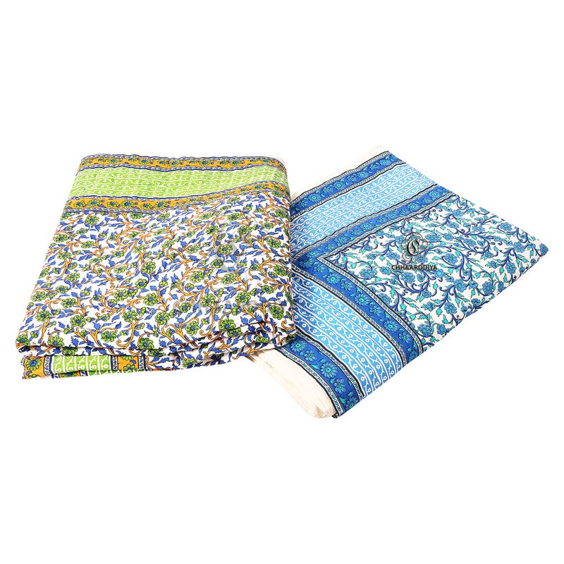 CHHAARODIYA Jaipuri Rajasthani Traditional Pure Cotton Single Bed Soft Jaipuri Ac/Winter Quilt/Razai Floral Blue&Green Print (55 X 85 Inch Stitch Including,Set Of 2,Reversible,Lightweight),300 TC - Image 2