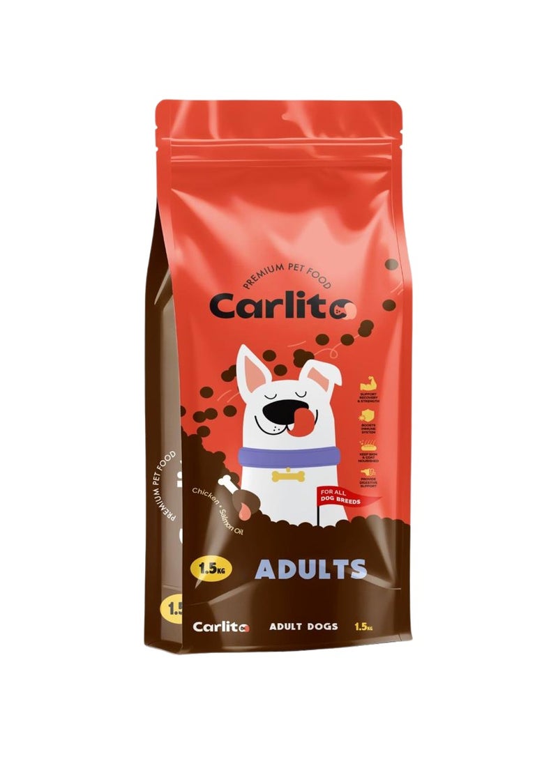 كارليتو  طعام جاف للكلاب البالغة ممتاز - 1.5 كيلو جرام | تركيبة غنية بالعناصر الغذائية لصحة مثالية | بروتينات عالية الجودة وأوميجا-3 و 6 لصحة الجلد | مثالي لجميع السلالات