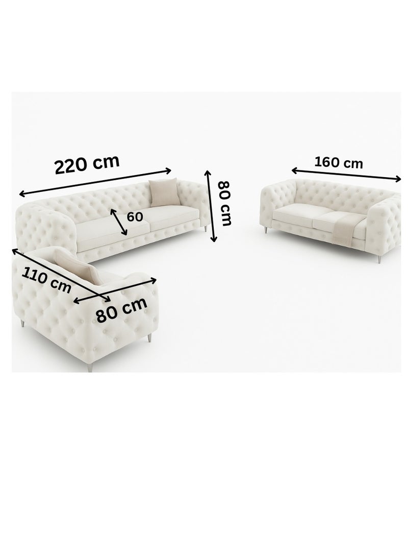 مهارة البحر طقم كنب تشيسترفيلد فاخر من مهارات للأثاث – طقم جلوس مكون من 3 قطع من المخمل الفاخر بلون العاج مع كرسي بذراعين وكنبة صغيرة وكنبة كبيرة – تصميم أنيق بأرجل معدنية عصرية - Image 2