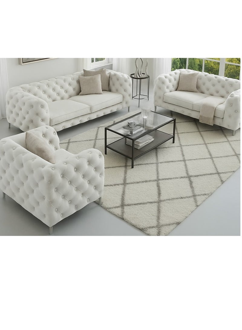 مهارة البحر طقم كنب تشيسترفيلد فاخر من مهارات للأثاث – طقم جلوس مكون من 3 قطع من المخمل الفاخر بلون العاج مع كرسي بذراعين وكنبة صغيرة وكنبة كبيرة – تصميم أنيق بأرجل معدنية عصرية - Image 1