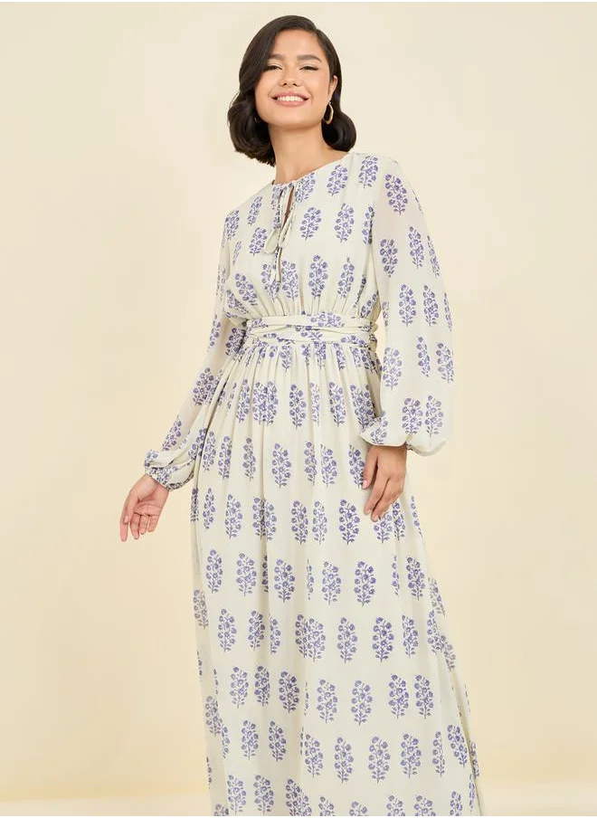 Styli Floral Print Tie Up Neck A-Line Maxi Dress