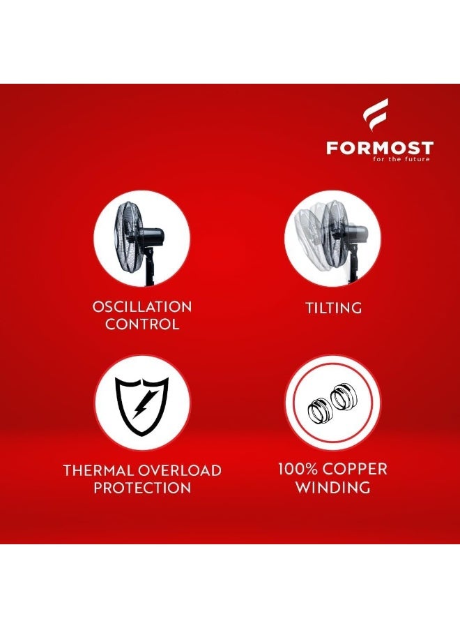 فورموست Formost 16 Inch Pedestal Stand Fan with 100% Copper Motor | Adjustable Height, Ultra Quiet Operation, 3 Speed Levels and 2 Years Warranty | Pack of 1 - Image 4