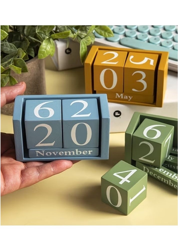 OMEVE 1 pcs blue Wooden Block Calendar Perpetual Calendar, Desk Date Display Office Decor for Desk Stand Up Calendar, Wooden Cubes Calendars for Home School Office Desk Decoration（Blue）  - Image 1