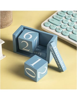 1 pcs blue Wooden Block Calendar Perpetual Calendar, Desk Date Display Office Decor for Desk Stand Up Calendar, Wooden Cubes Calendars for Home School Office Desk Decoration（Blue） - view 2