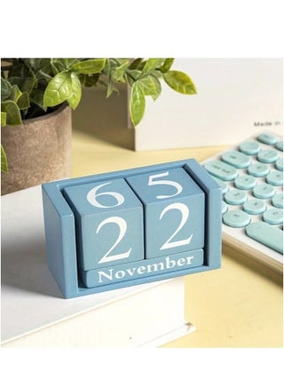 1 pcs blue Wooden Block Calendar Perpetual Calendar, Desk Date Display Office Decor for Desk Stand Up Calendar, Wooden Cubes Calendars for Home School Office Desk Decoration（Blue） - view 4