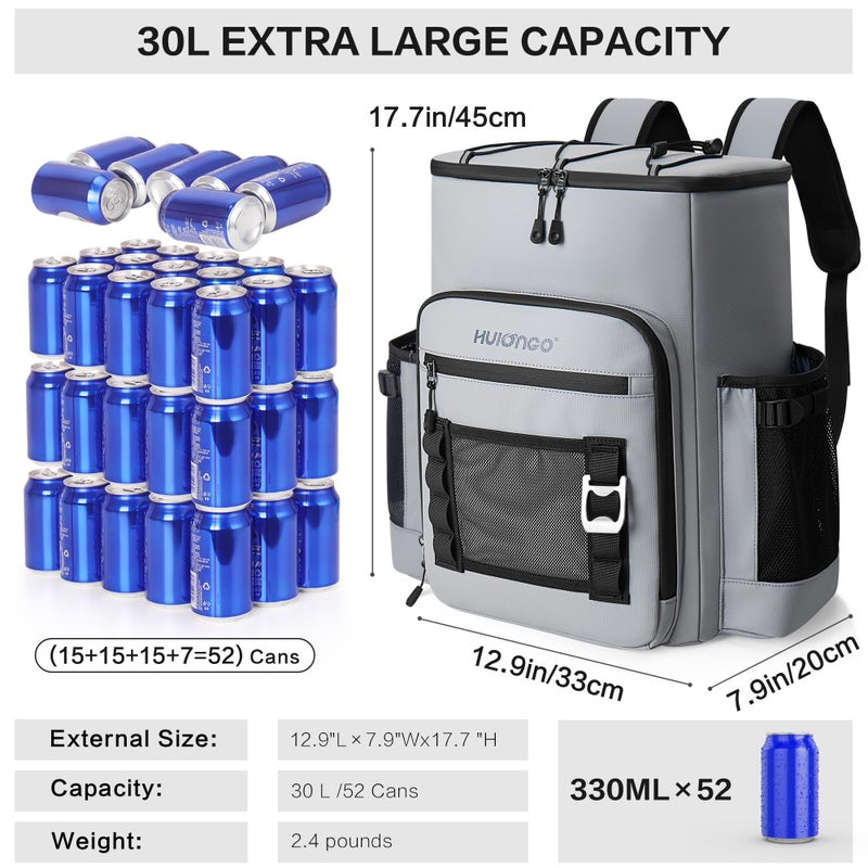 Hulongo Large 52cans Waterproof Insulated Cooler Backpack for Men & Women, Leak Proof Backpack Cooler, Soft, 8Gal (Grey) - Image 2