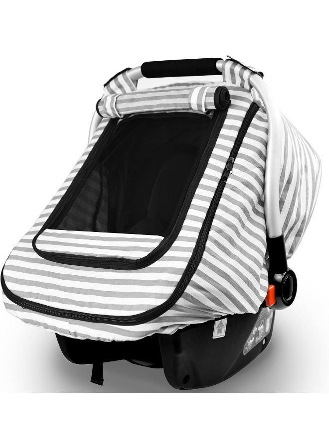 Vaxaape Car Seat Covers for Babies, Baby Car Seat Cover for Boys Girls, Windproof Infant Carseat Cover, Kick-Proof Car Seat Canopy with Breathable Mesh Peep Window, Stripe Print, Summer Lightweight - Image 1