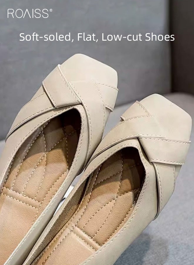 رويس حذاء نسائي مريح وجيد التهوية، ذو مقدمة مربعة، بنعل ناعم، تصميم منخفض، متعدد الاستخدامات ومناسب للارتداء اليومي في مختلف المناسبات، لون بيج. - Image 3
