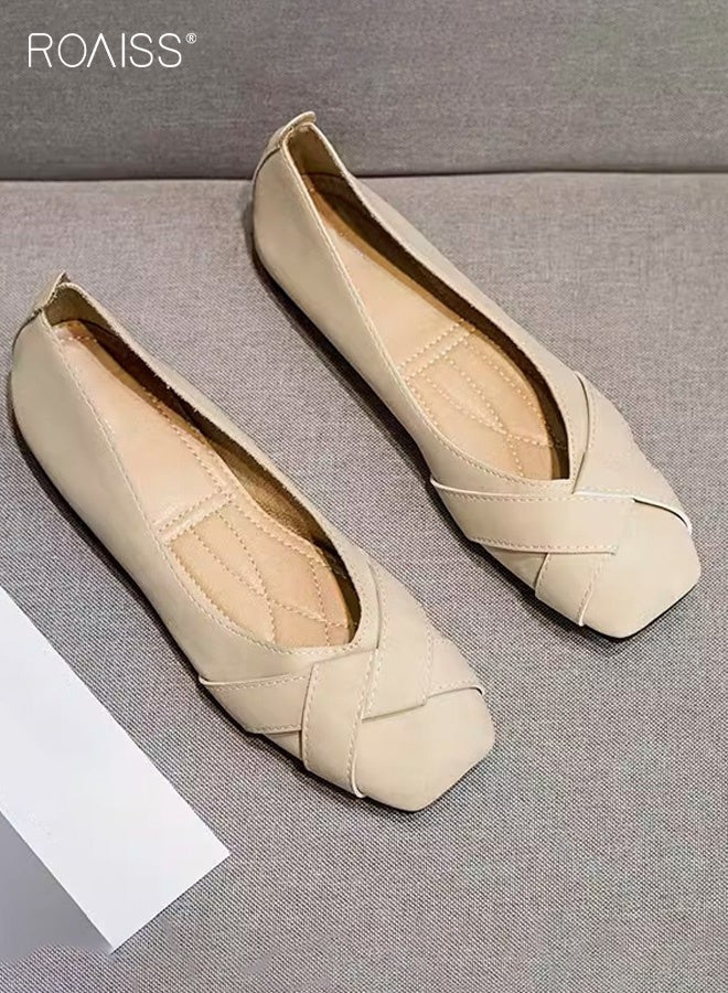 رويس حذاء نسائي مريح وجيد التهوية، ذو مقدمة مربعة، بنعل ناعم، تصميم منخفض، متعدد الاستخدامات ومناسب للارتداء اليومي في مختلف المناسبات، لون بيج. - Image 2