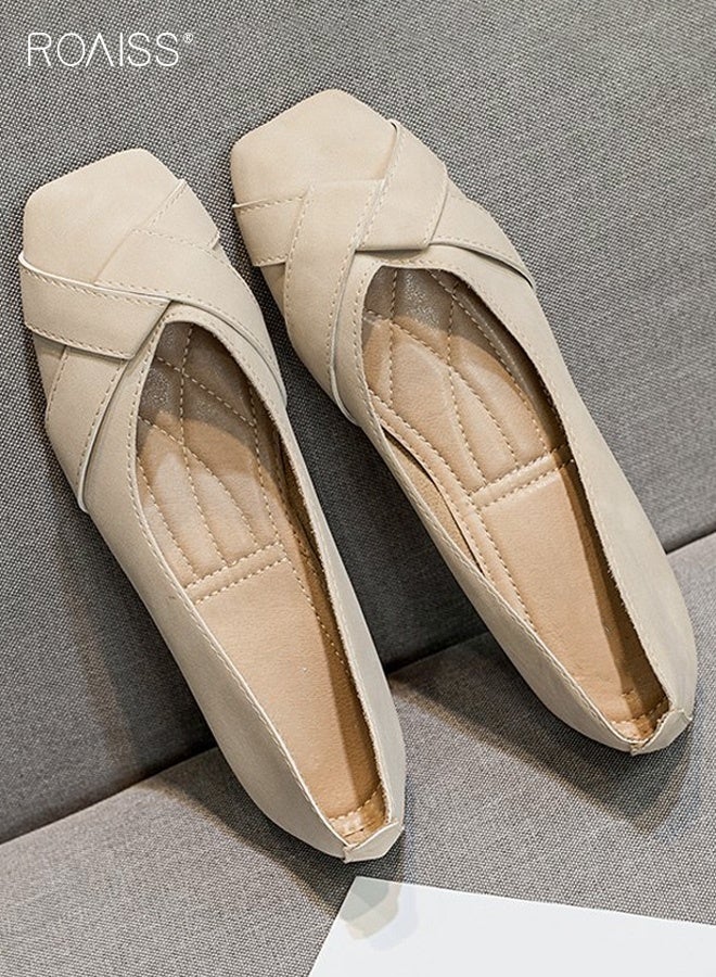 رويس حذاء نسائي مريح وجيد التهوية، ذو مقدمة مربعة، بنعل ناعم، تصميم منخفض، متعدد الاستخدامات ومناسب للارتداء اليومي في مختلف المناسبات، لون بيج. - Image 5