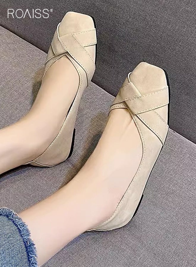 رويس حذاء نسائي مريح وجيد التهوية، ذو مقدمة مربعة، بنعل ناعم، تصميم منخفض، متعدد الاستخدامات ومناسب للارتداء اليومي في مختلف المناسبات، لون بيج. - Image 1