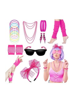 80s Fancy Dress Costume Accessories Lace Headband Earrings Fishnet Gloves Necklace Bracelet for Retro Party for Women Girls 80s Retro Party Fancy Dress Neon Headband