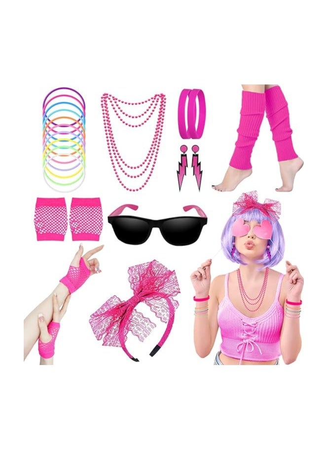 Generic - 80s Fancy Dress Costume Accessories Lace Headband Earrings Fishnet Gloves Necklace Bracelet for Retro Party for Women Girls 80s Retro Party Fancy Dress Neon Headband - Image 1