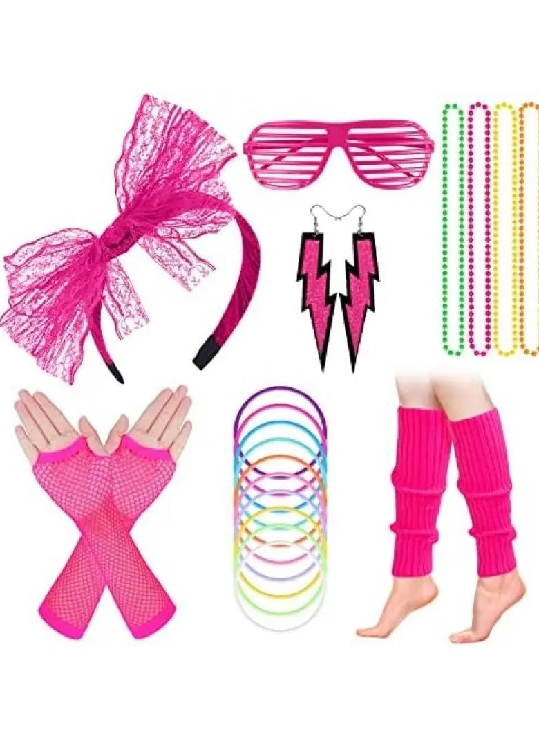 Generic - 80s Fancy Dress Costume Accessories Lace Headband Earrings Fishnet Gloves Necklace Bracelet for Retro Party for Women Girls 80s Retro Party Fancy Dress Neon Headband - Image 1