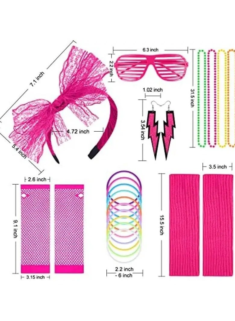 Generic - 80s Fancy Dress Costume Accessories Lace Headband Earrings Fishnet Gloves Necklace Bracelet for Retro Party for Women Girls 80s Retro Party Fancy Dress Neon Headband - Image 1