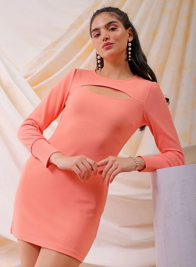 Women Regular Fit Solid Round Neck Long Sleeve Cut Out Dress