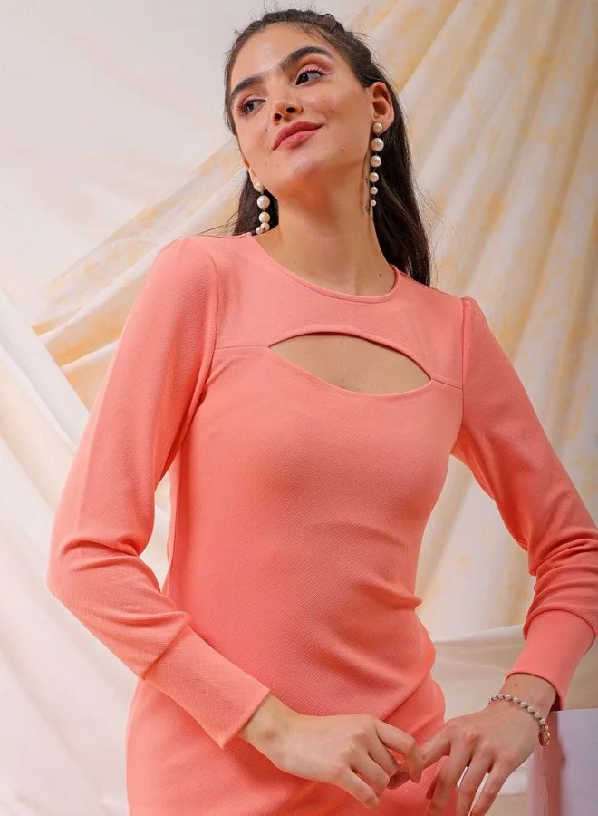Freehand  Women Regular Fit Solid Round Neck Long Sleeve Cut Out Dress for Women | Best Price UAE