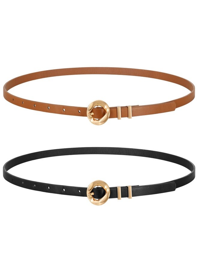 LEACOOLKEY Women Skinny Belts 0.39 Inch Wide 2 Pack Thin Leather Belts for Dresses Jeans Cardigans - Image 1