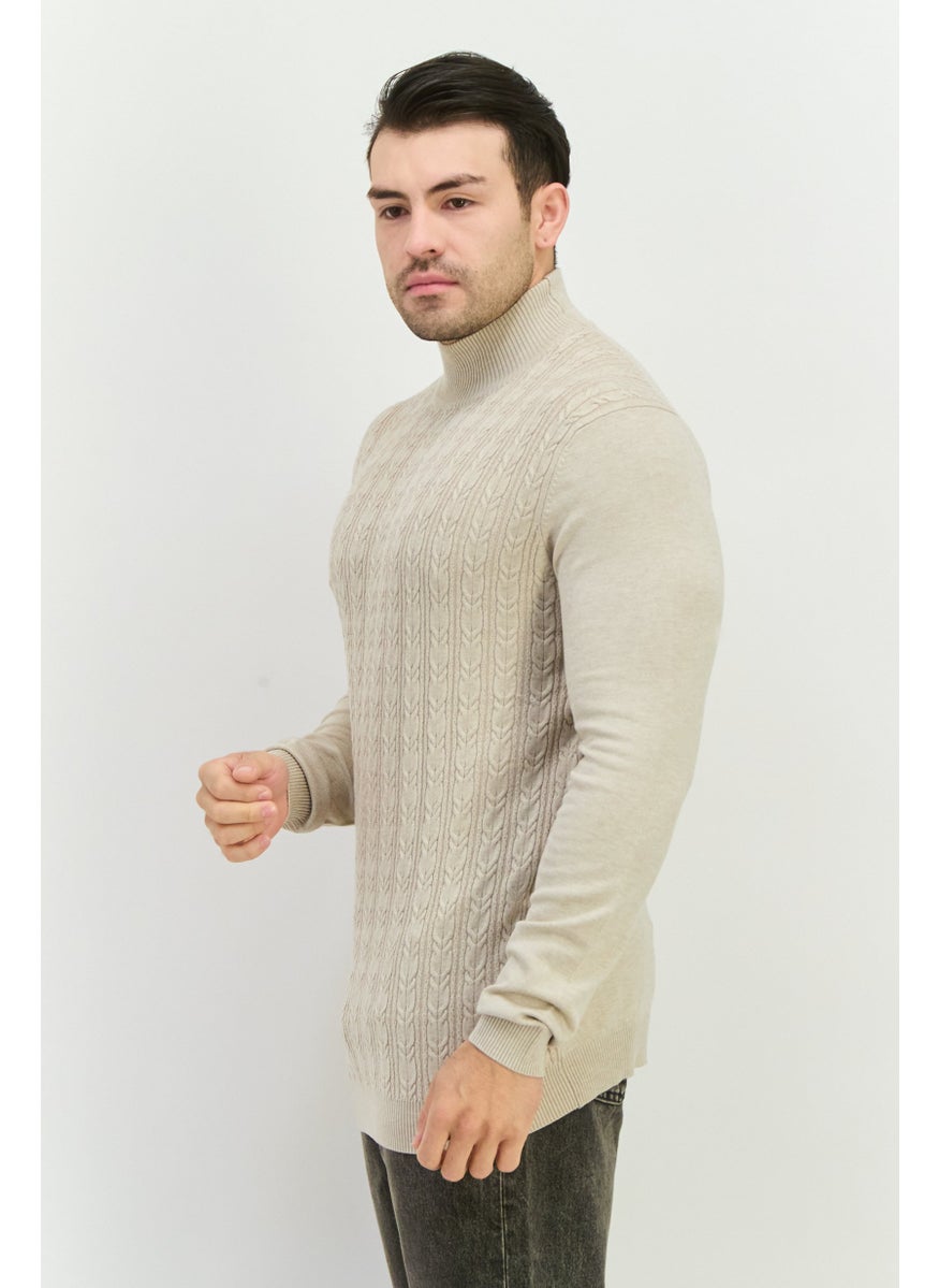 Sorbino - Men Mock Neck Knitted Sweater, Beige - Image 1