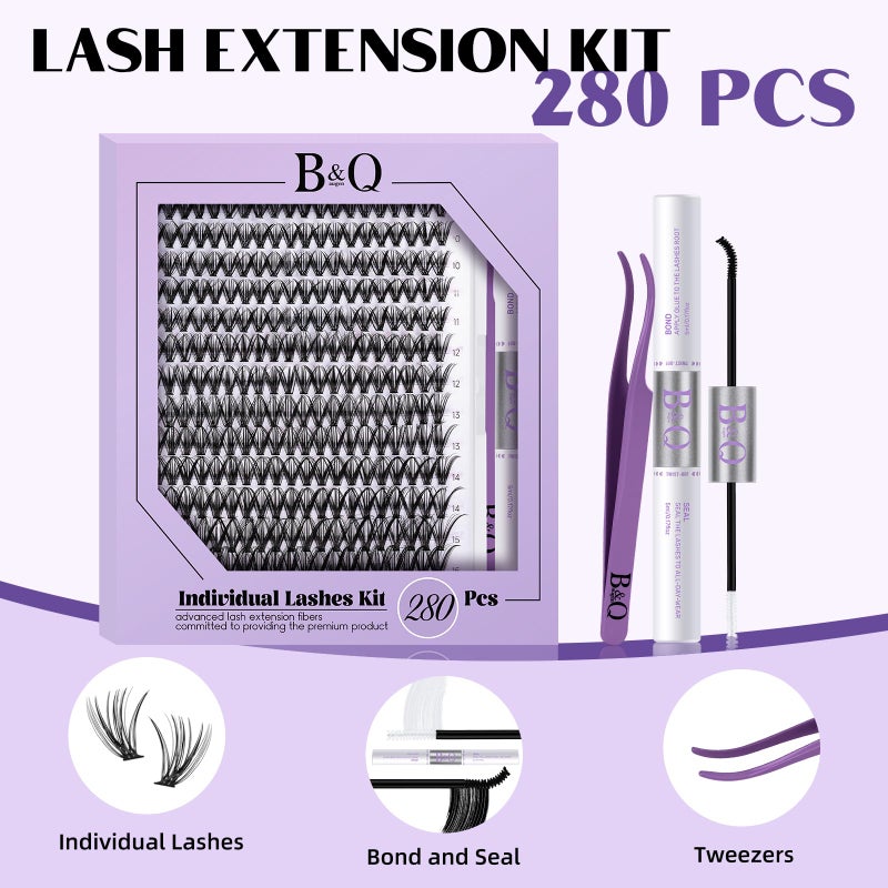 B&qaugen Lash Extension Kit for Beginners 280pcs Eyelash Extension Kit 30D 9-16 Mixed Lash Clusters Kit D Curl Lash Kit with Lash Bond and Seal Individual Lashes Kit DIY (KIT,30D-D-9-16MIX) - Image 2