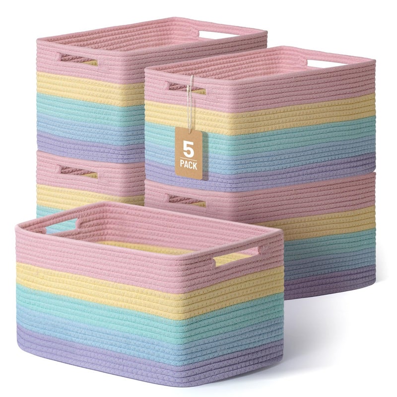 Yilobi 5 Pack Rainbow Woven Storage Baskets for Shelves, Decorative Toy Baskets Organizer for Kids Room, Nursery, Playroom, Classroom â€“ Colorful Cotton Rope Toy Storage Bins for Organizing & Decor - Image 1