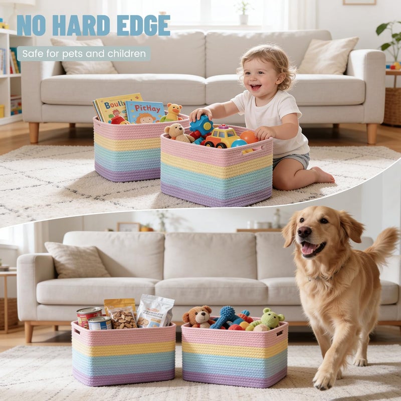Yilobi 5 Pack Rainbow Woven Storage Baskets for Shelves, Decorative Toy Baskets Organizer for Kids Room, Nursery, Playroom, Classroom â€“ Colorful Cotton Rope Toy Storage Bins for Organizing & Decor - Image 3