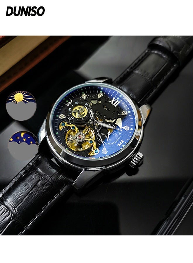 DUNISO ساعة ميكانيكية نصف أوتوماتيكية، ساعة معصم ميكانيكية للرجال مقاومة للماء بتصميم مجوف، تصميم ضوء ليلي، مقاومة للخدوش ومقاومة للاهتراء، مناسبة للاجتماعات التجارية اليومية والتجمعات - Image 1