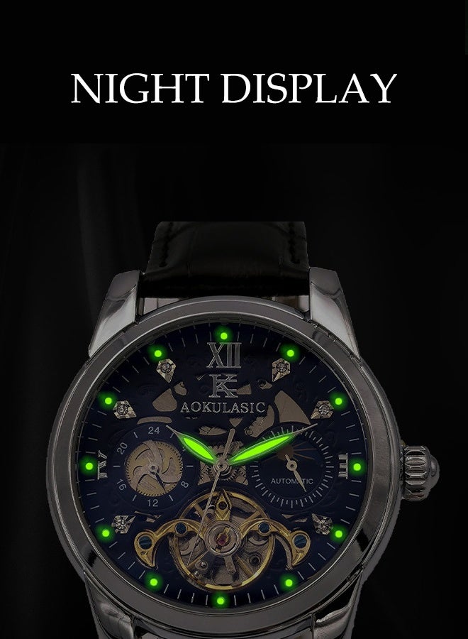 DUNISO ساعة ميكانيكية نصف أوتوماتيكية، ساعة معصم ميكانيكية للرجال مقاومة للماء بتصميم مجوف، تصميم ضوء ليلي، مقاومة للخدوش ومقاومة للاهتراء، مناسبة للاجتماعات التجارية اليومية والتجمعات - Image 2