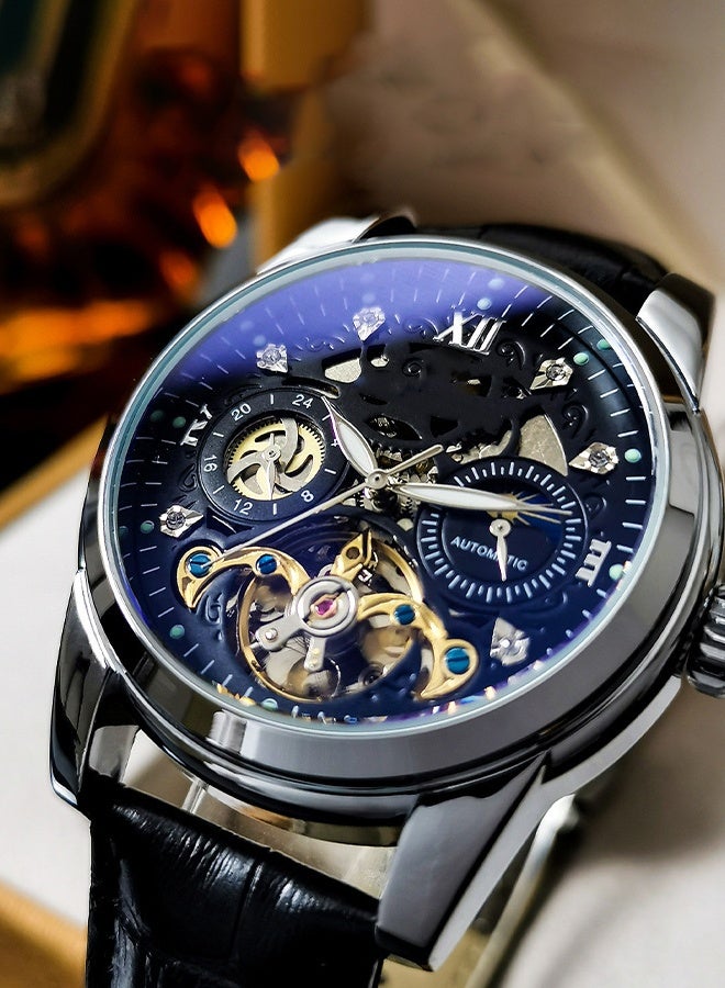 DUNISO ساعة ميكانيكية نصف أوتوماتيكية، ساعة معصم ميكانيكية للرجال مقاومة للماء بتصميم مجوف، تصميم ضوء ليلي، مقاومة للخدوش ومقاومة للاهتراء، مناسبة للاجتماعات التجارية اليومية والتجمعات - Image 3