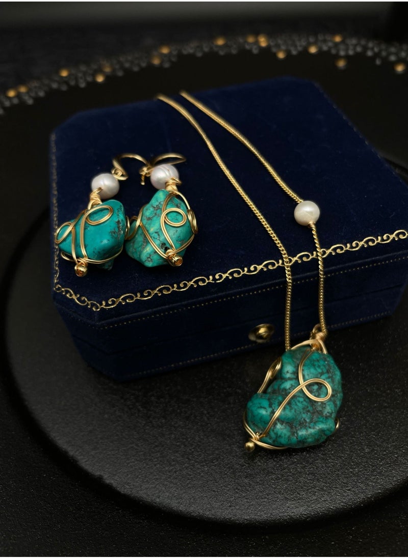 General 925 Silver Plated 18K Gold Inlaid Natural Turquoise/2-Piece Original Jewelry Set/Necklace/Earrings  - Image 1