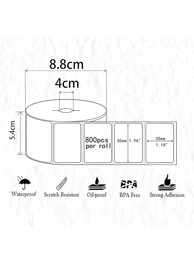 إيروريكس ورق ملصقات الطابعة الحرارية 800 قطعة 1.96 بوصة × 1.18 بوصة 50 × 30 مم ورق ملصقات الطابعة الحرارية متوافق مع معظم الطابعات الحرارية مقاوم للماء والزيت ومقاوم للخدش - Image 2