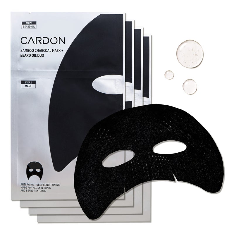 Cardon Face Mask for Bearded Men Korean Sheet Mask for Men Bamboo Charcoal Facial Mask and Beard Oil 4Pack