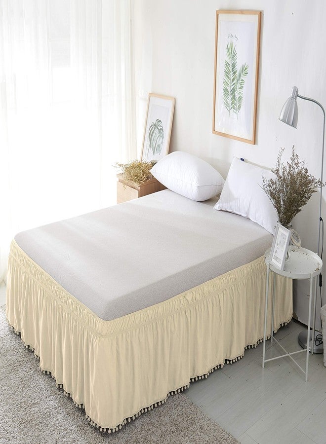 Celine Linen Luxury Top-Knot Tassle Pompom Fringe Ruffle Bed Skirt -Wrap Around Style- Elastic Bed Wrap- Wrinkle Resistant 16inch Drop, Queen/King, Cream - Image 3
