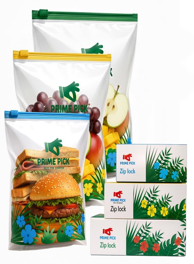 PRIME PICK أكياس تخزين الطعام Prime Pick Fresh Lock Zip، قابلة لإعادة الاستخدام، مانعة للتسرب، بسماكة 120 ميكرون، بسحاب مزدوج، خالية من مادة BPA، آمنة للاستخدام مع الطعام، مناسبة للتجميد والميكروويف، متعددة الألوان، أحجام صغيرة ومتوسطة وكبيرة، عبوة من 60 كيسًا - Image 1