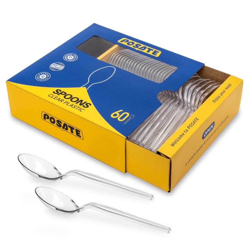 POSATE Heavy Duty Plastic Spoons Clear Disposable Pack of 60
