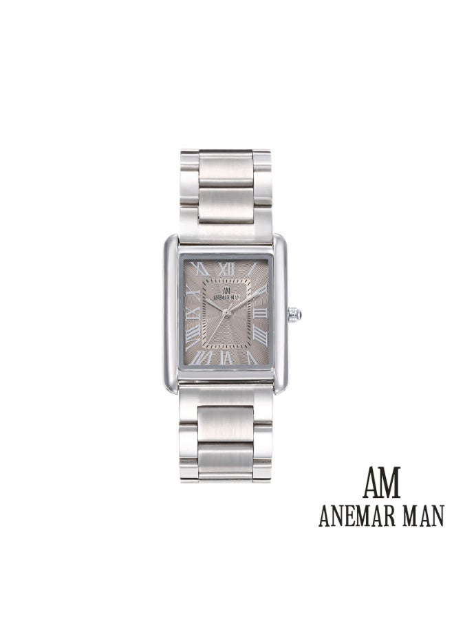 ANEMAR MAN Men's stainless steel wristwatch, Cartier style, water-resistant and high quality, silver strap with a gray dial