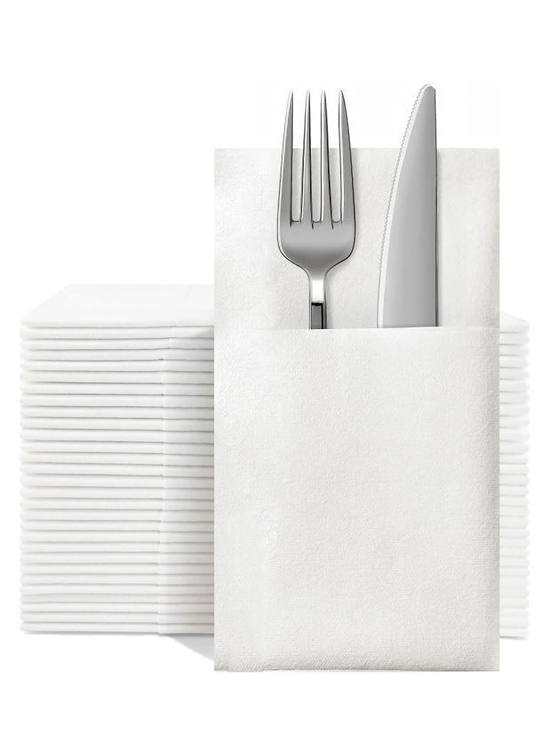YIM-VIBEHAUS 50PCS Disposable Cloth Like Napkins, Dinner Napkins Cloth Like with Built-in Flatware Pocket, Wedding Party Linen Feel White Napkin  - Image 1