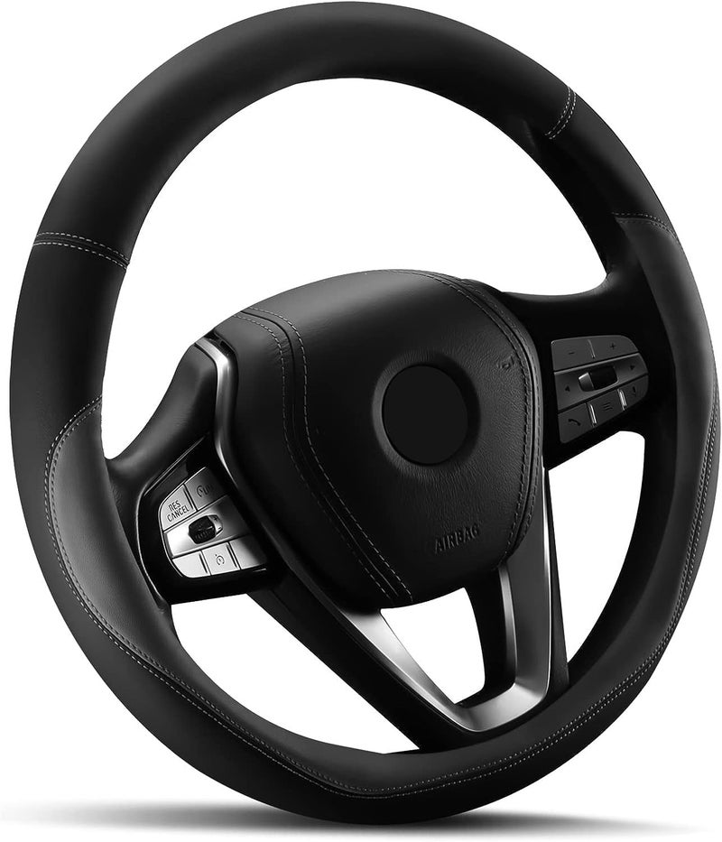HOTOR Car Steering Wheel Cover - Universal Car Accessory for Diverse Cars, Durable Leather Cover with Anti-Slip Lining, for Steering Wheel with a Diameter of 14.5"-15",Gray - Image 1
