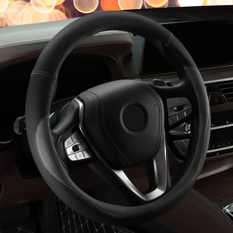 HOTOR Car Steering Wheel Cover - Universal Car Accessory for Diverse Cars, Durable Leather Cover with Anti-Slip Lining, for Steering Wheel with a Diameter of 14.5"-15",Gray - Image 2