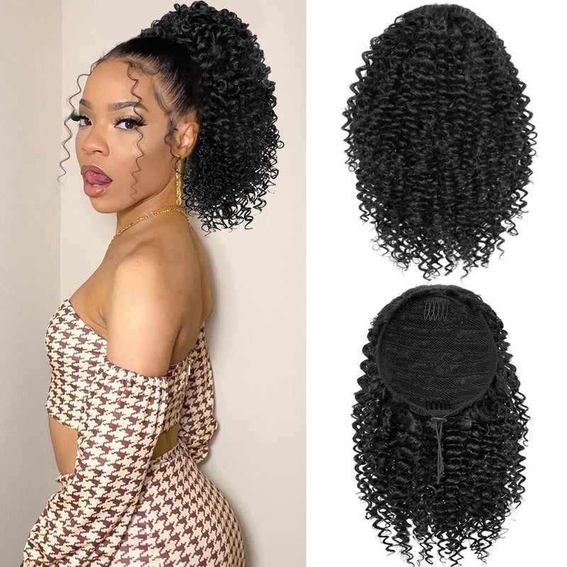 Short Kinky Curly Ponytail Extension for Black Women 10 Inch Natural Black Drawstring Curly Ponytail with Two Clips Synthetic Afro Drawstring Ponytail for Black Women
