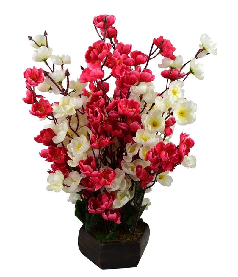 Florakite Red and White Blossom Artificial Flowers with Wooden Pot 17inch