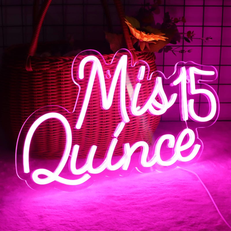 JFLLamp Mis 15 Quinceanera Neon Signs for Wall Decor Neon Lights for Bedroom Led Signs Suitable for Quinceanera Christmas Birthday Party Unique Gift for Lover, 5V Power Adapter, 16.2 * 9.7 Inch(Pink) - Image 1