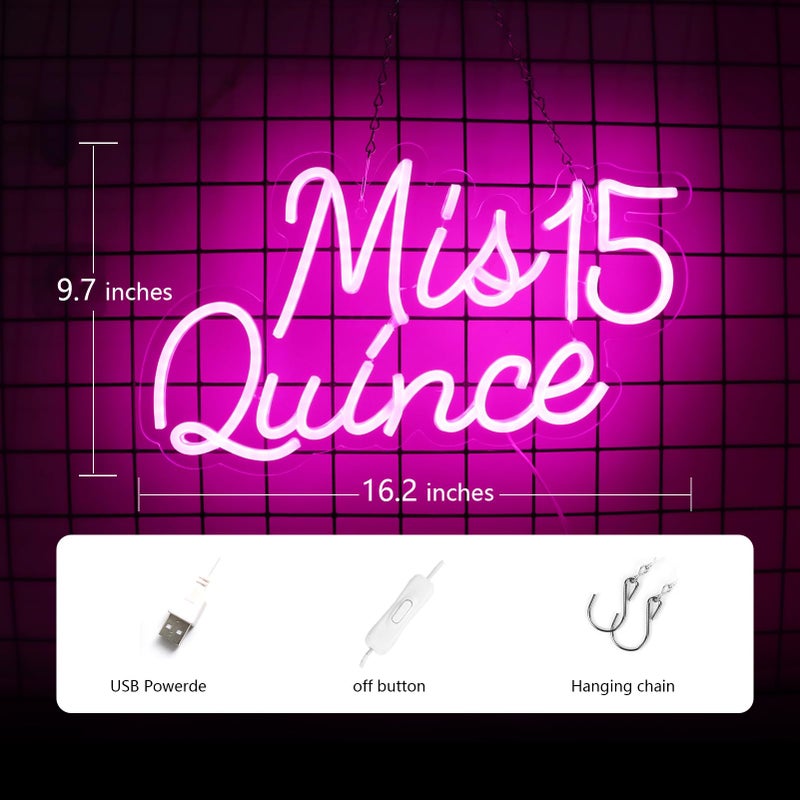 JFLLamp Mis 15 Quinceanera Neon Signs for Wall Decor Neon Lights for Bedroom Led Signs Suitable for Quinceanera Christmas Birthday Party Unique Gift for Lover, 5V Power Adapter, 16.2 * 9.7 Inch(Pink) - Image 3