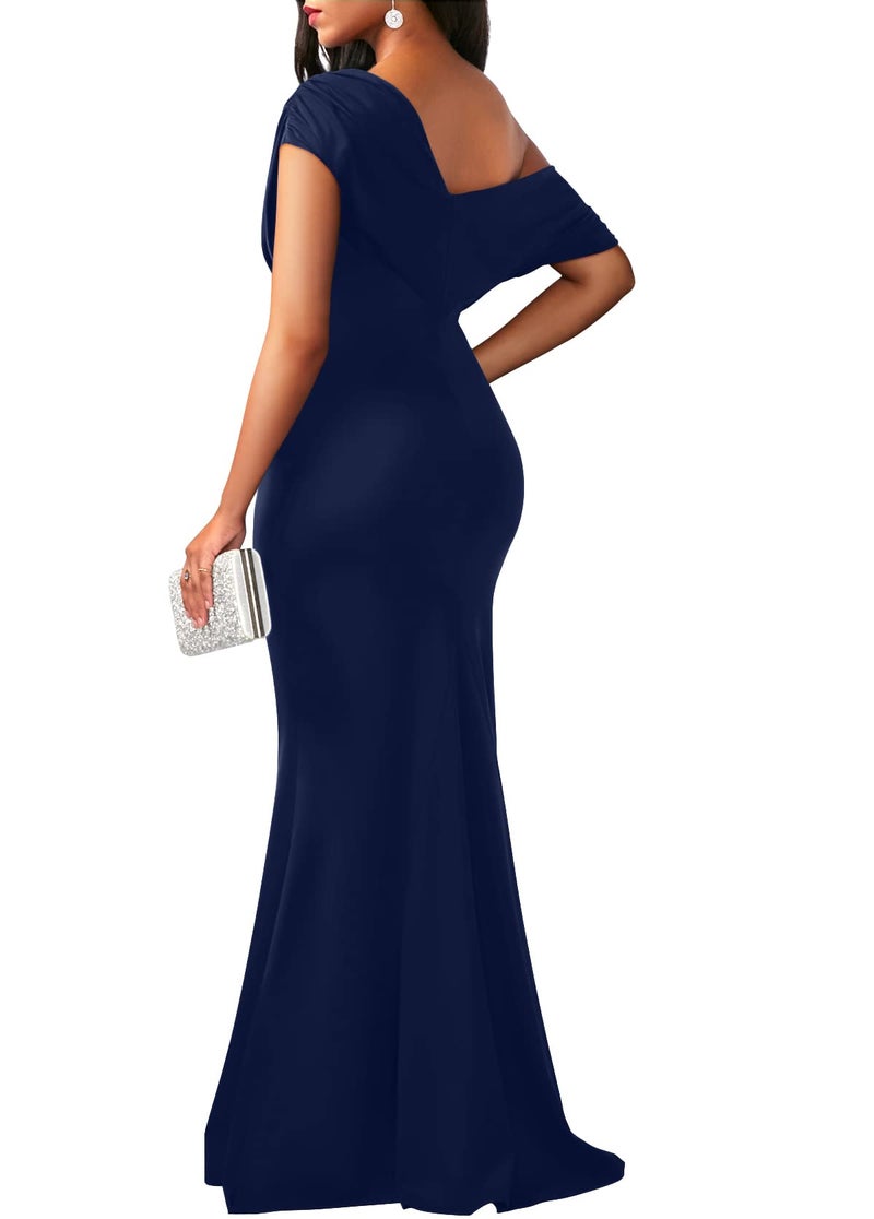 YMDUCH Women's Elegant Sleeveless Off Shoulder Bodycon Long Formal Party Evening Dress Navy - Image 2